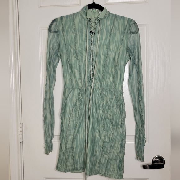 House of CB 'Dylan' Green Colour Ivy Printed Mesh Lace Up Mini Dress - Picture 10 of 14